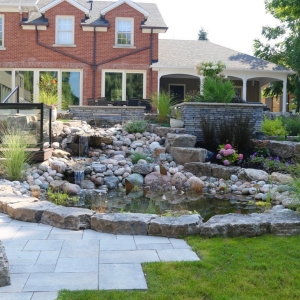 residential landscape with retaining wall
