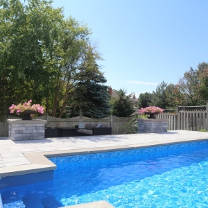 pool with patio and wooden fence