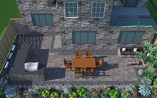 backyard patio design with interlock stone