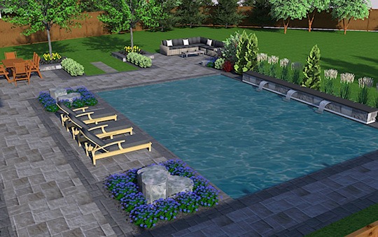 interlock patio surrounding pool design