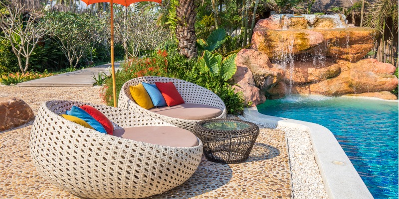 Colourful seating by pool